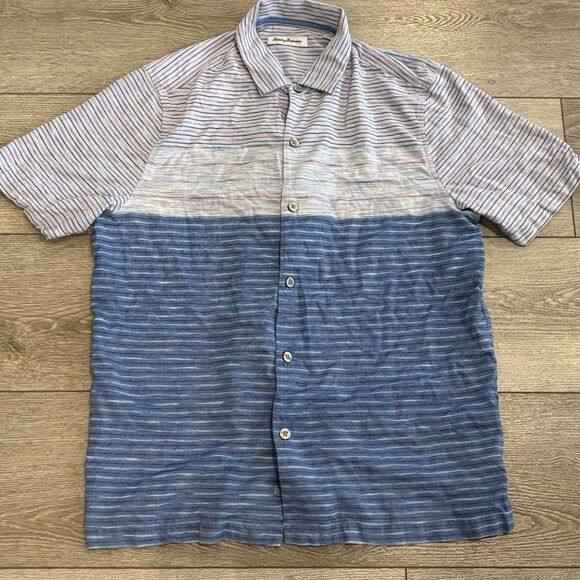 Tommy Bahama 100% Silk Camp Shirt Mens Large Blue Striped Casual Button Down - Picture 1 of 7